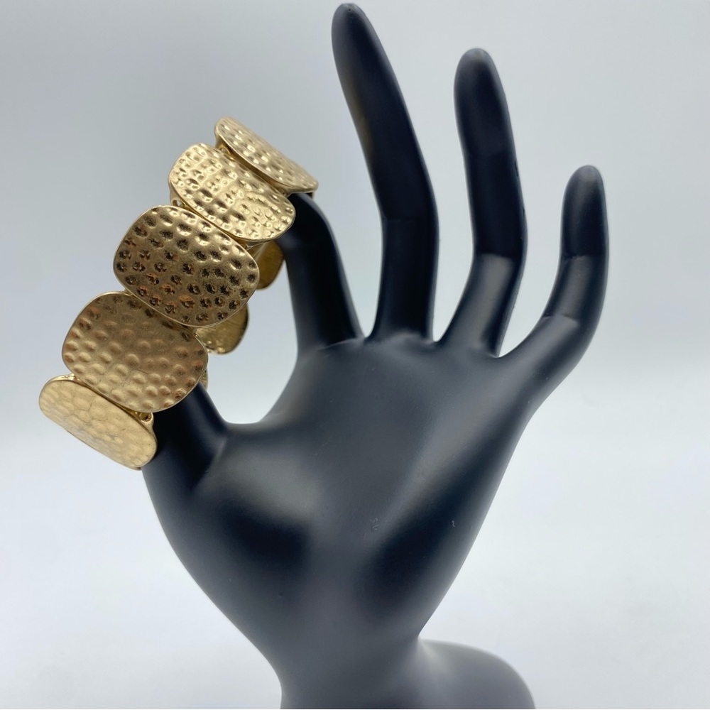 Hammered Gold Tone Panel Stretch Bracelet Chunky Modernist Gladiator Cuff Boho